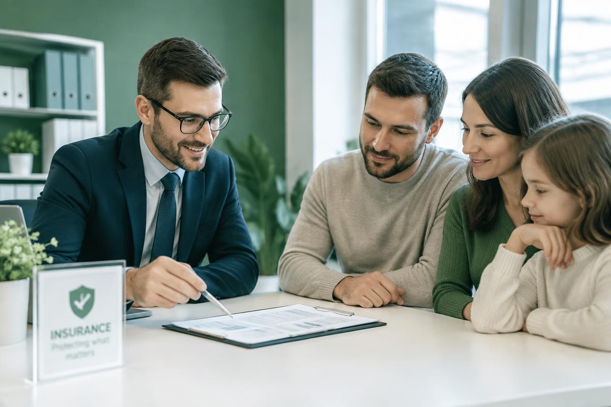 Conseiller expliquant l'assurance emprunteur à une famille
